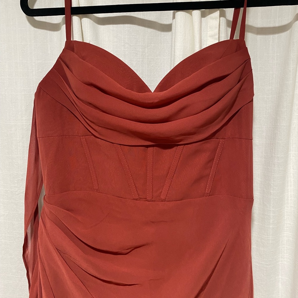 Azazie x Kendall & Kylie Corseted Chiffon Column Dress Terracotta Color